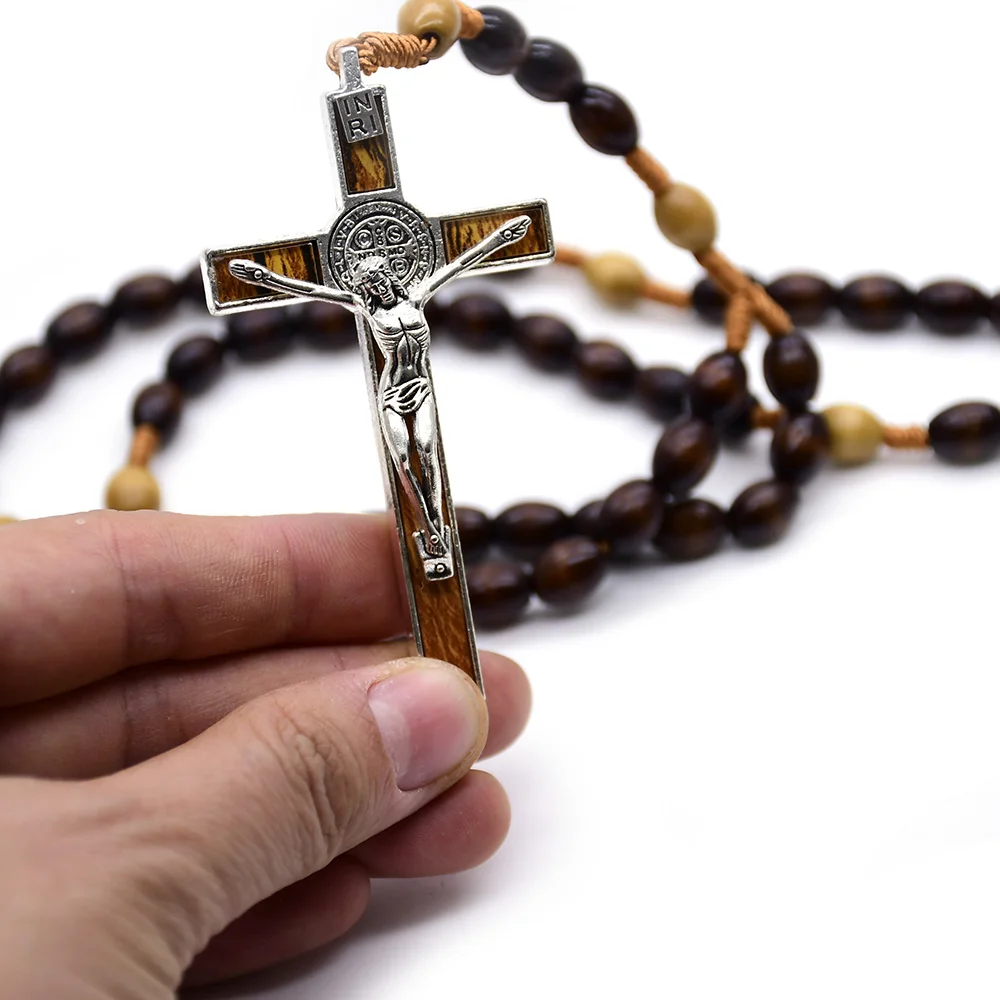 QIGO Dark Coffee Rice Shaped Wood Beads Rope Rosary Cross Necklace New Religious Jewelry