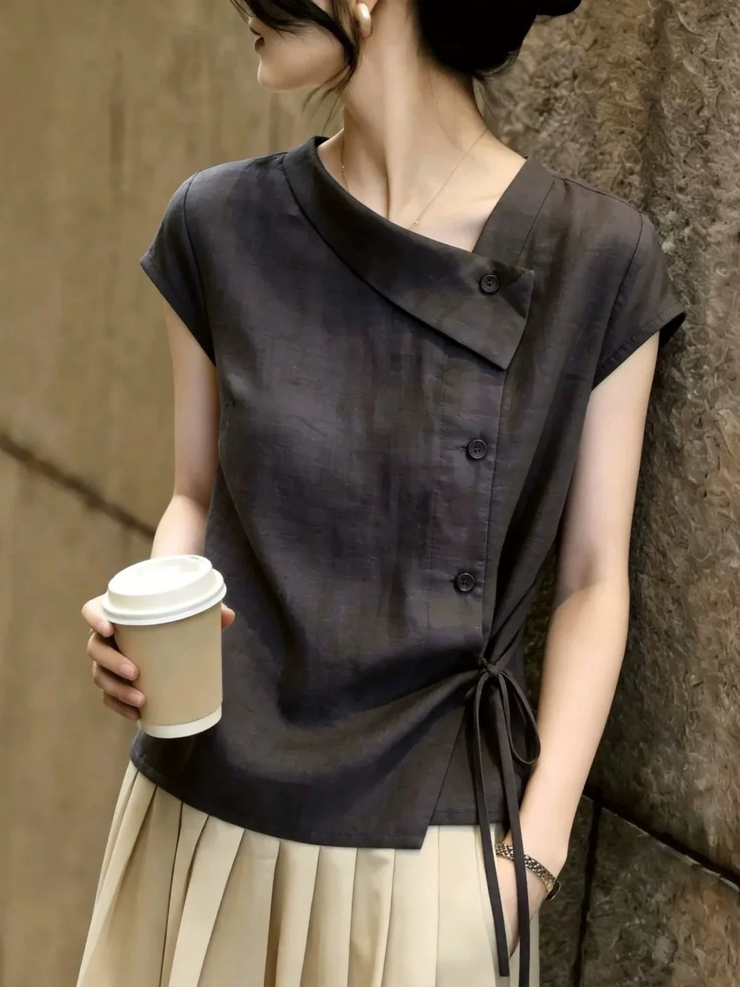 

Slimming Short Sleeve Shirt Korean Style New Design Single Button Belted Versatile Shirt for Women Commute Straight Cut Regul...