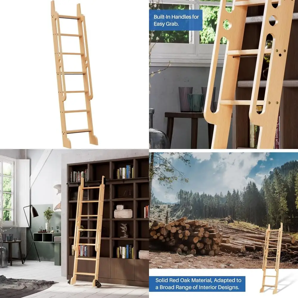 سلم مكتبة من خشب البلوط الأحمر بطول 7 أقدام، متعدد الأغراض لأرفف الكتب والسلالم العلوية، خطوات خشبية متينة مع ها مدمج
