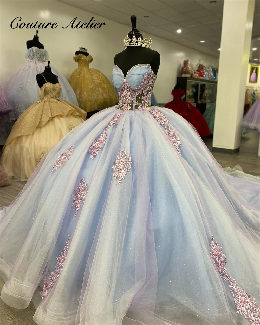 Corsé rosa con apliques de encaje, vestido de baile azul claro para quinceañera, vestidos formales de graduación, vestido de princesa dulce 16, 15 años