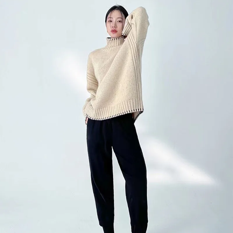 100% Pure Wool Cashmere Sweater Women\'s 2023 Autumn Winter New Turtleneck Pullover Fashion Loose Large Size High Neck Knit Tops