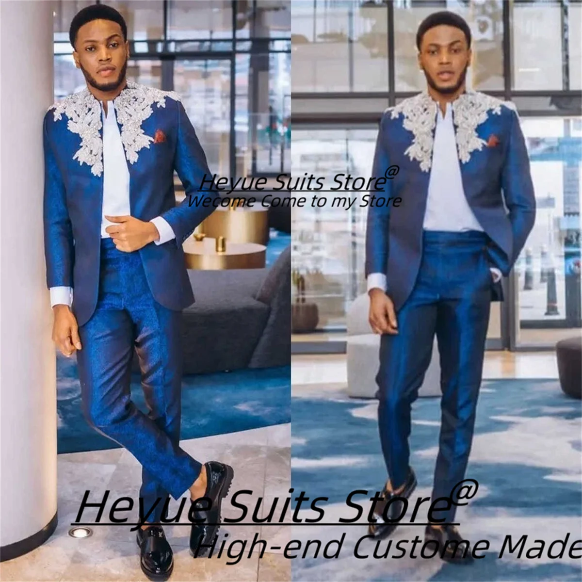 

Embroidered Beaded Groom Wedding Tuxedos Customized Slim Fit No buttons Men Suits 2 Pieces Sets Male Prom Blazers Ropa Hombre