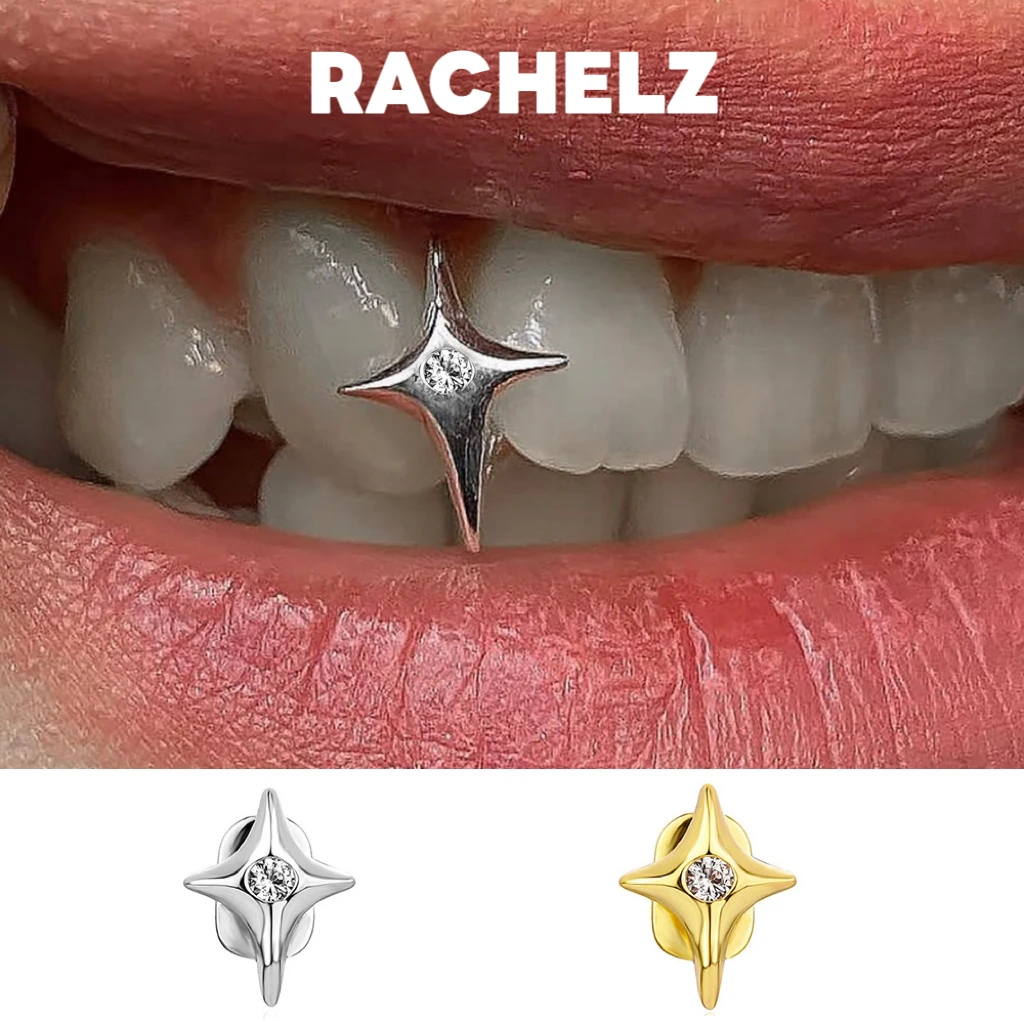 RACHELZ Hip Hop lindo CZ piedra estrella dientes Grillz tirantes Color oro Y2K elegante brillante circón tapas de dientes para Mujeres Hombres joyería Punk