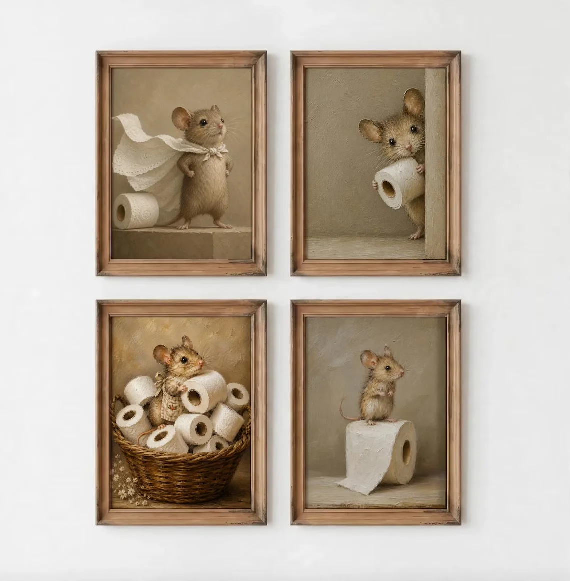 Mouse Bathroom Wall Art Set, Funny Vintage Cottage core Prints, Toilet Paper Decor, Rustic Farmhouse Digital Download