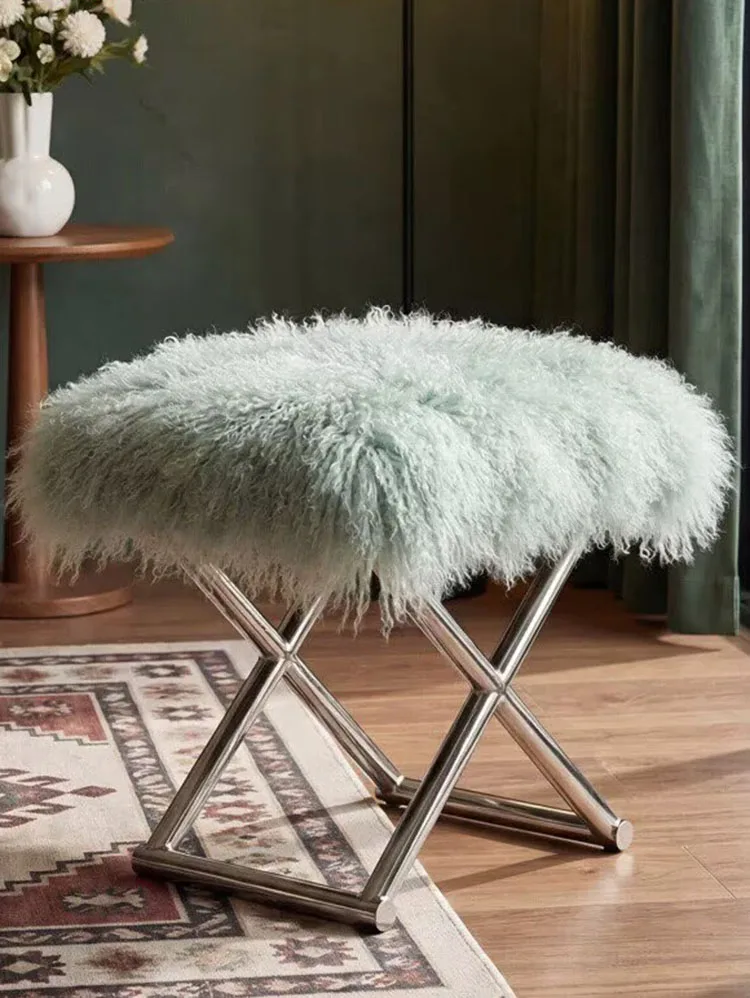 New luxury stool beach wool entrance shoe changing stool fashionable fluffy dressing stool furniture stainless steel stool low s