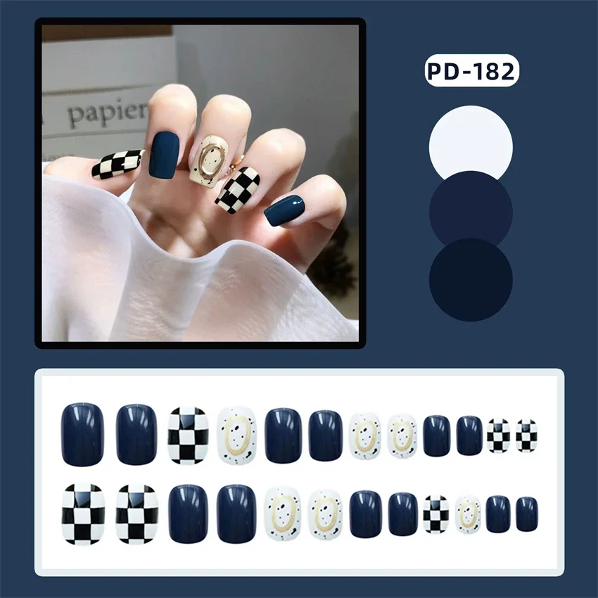 

24Pcs/Set Blue Gold Chess Checker Fake Nails Chips Retro Sweet Cool Fashion Wearing False Nails Full Coverage Press on Nail Tips