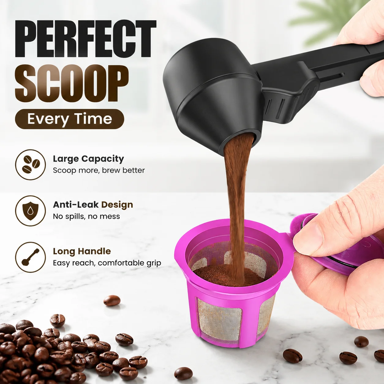 Coffee Scoop Sliding Spoon, Large Capacity Anti-Leak Long Handle Coffee Scoop for Espresso