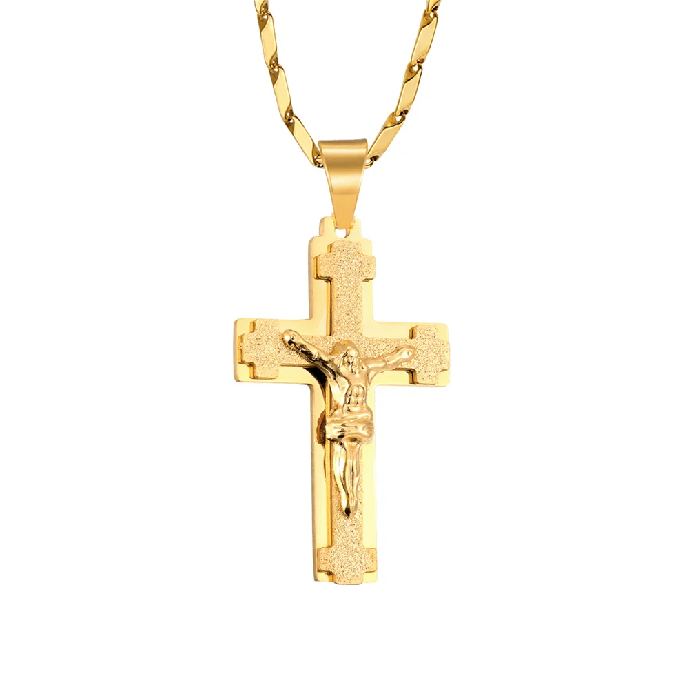 Religious Jesus Cross Pendant Men Gold Color Stainless Steel Christ Crucifix Necklaces Male Christian Jewelry Dropshipping