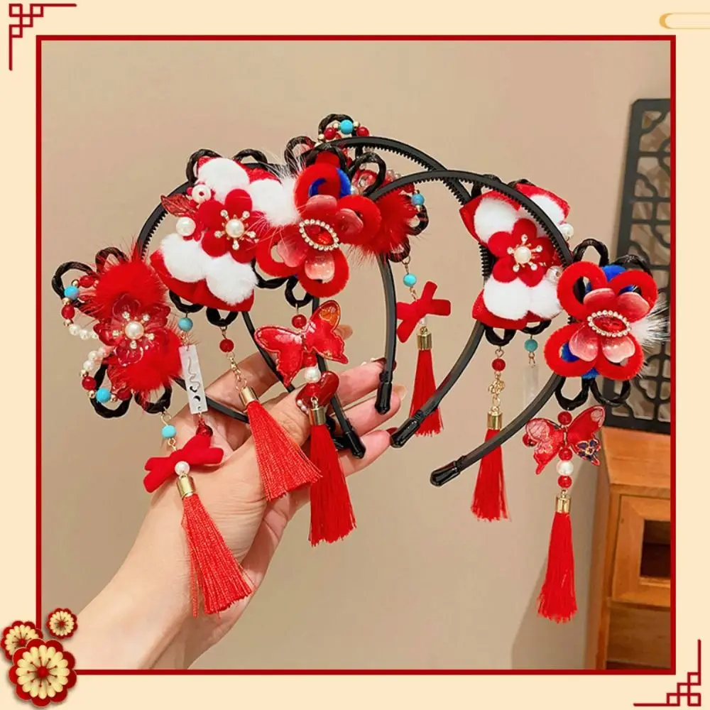 Flor crianças peruca bandana borla tang terno argola de cabelo hanfu varas de cabelo trança estilo antigo ano novo chinês headwear