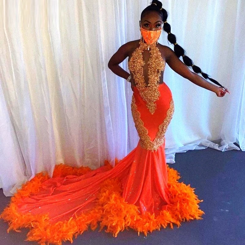 Orange South African พรหมชุดหางนางเงือก Appliques Feather สีดำหญิงไนจีเรีย Robe De Soiree ชุดราตรีชุด