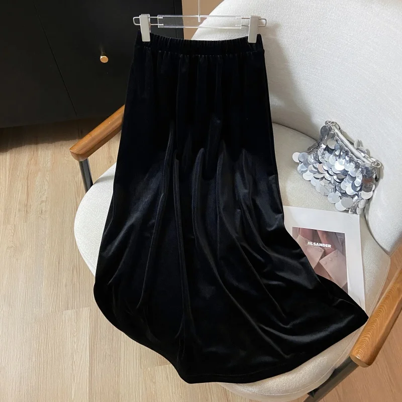 Herfst Winter Fluwelen Rok Vrouwen Werkfeest Lange Rok Zwarte Dikke Elastische Hoge Taille A-lijn Midi