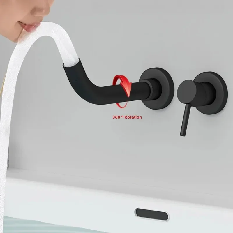 Matte Black Wall-Mounted Basin Faucet Brushed Gold Concealed Install Mixer Tap Single Handle Hot and Cold Wash Basin Tap