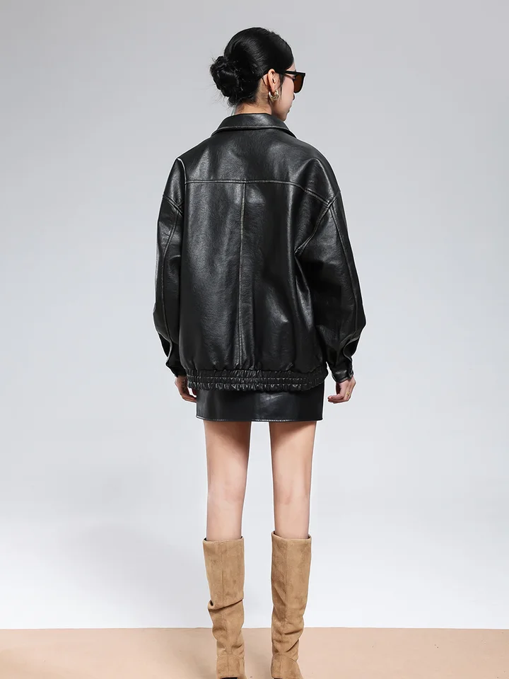 【Ameri】RETRO FAKE LEATHER JACKET Nerazzurri Autumn Cool Oversized Vintage Distressed Brown Pu
