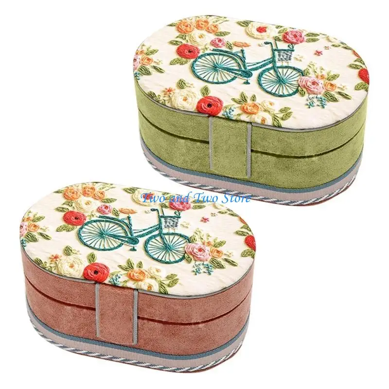 

HX6F Luxurious Plush Jewelry Chest Elegant Plush Jewelry Organizers Three Level Oval Box with Printing Exterior