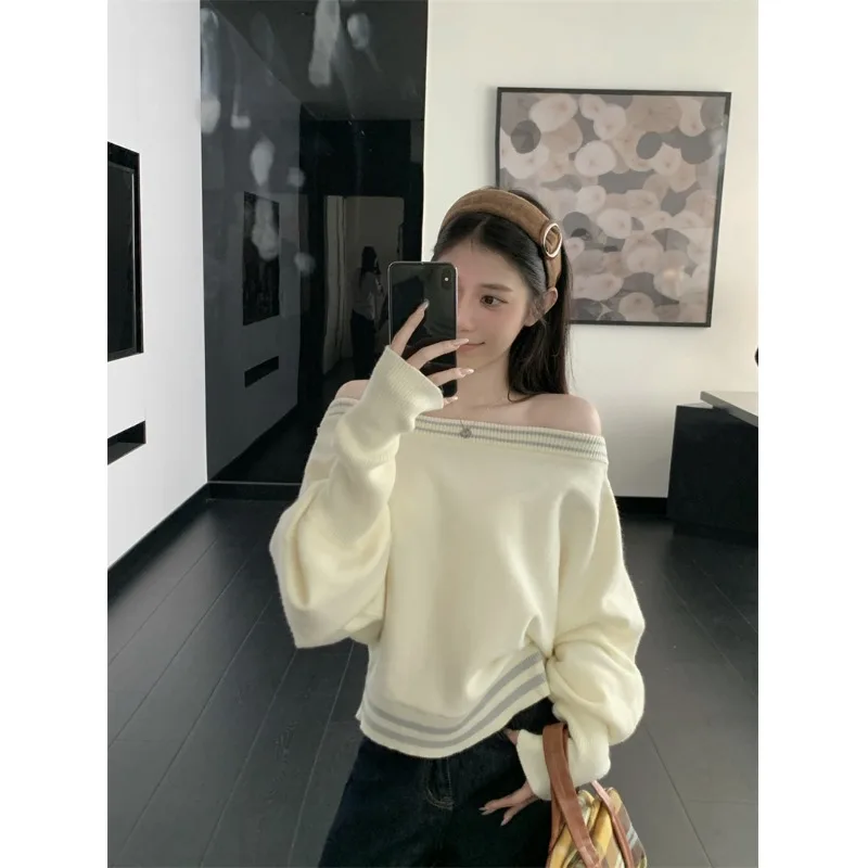 

Soft Cozy oulder Bared Knitwear Lazy Sle Long Sve Women's Sweater Trendy Trend Slimming Design Autumn New Arrival