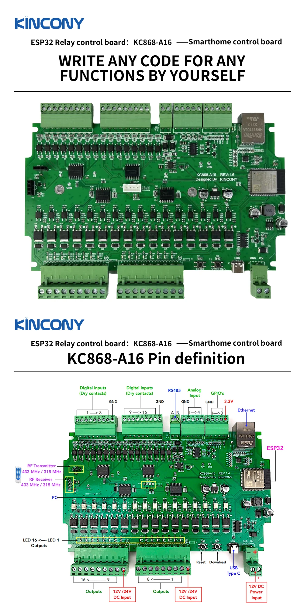 A16 ESP32 Development Programable Relay Board ESPhome Home Assistant Tasmota Arduino IDE RS485 I2C GPIO RF433Mhz Mosfet Output
