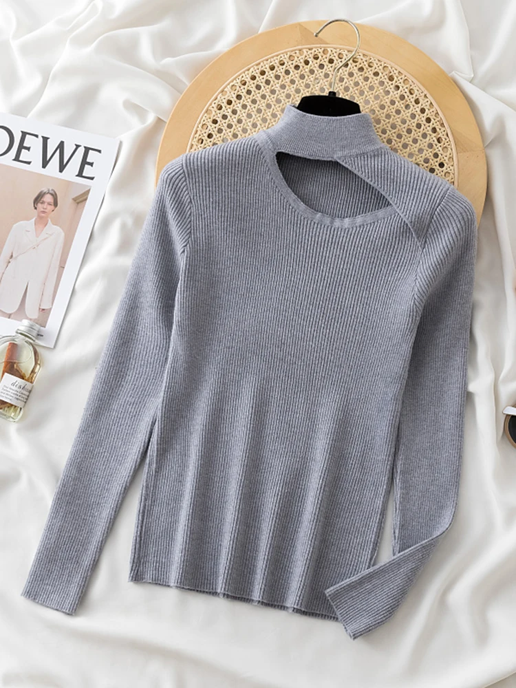 Skew Hollow-out Pullovers for Women Long Sleeve Half High Collar Knitted Sweater Female Korean Solid Jumper Pull Femme Sweaters