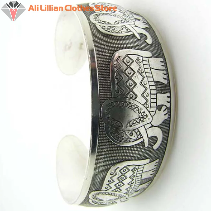 Hot.Vintage Antique Silver Color Animal Snake Flower Pattern Bangles For Women Bohemian Open Metal Bracelets Party Jewelry Gifts