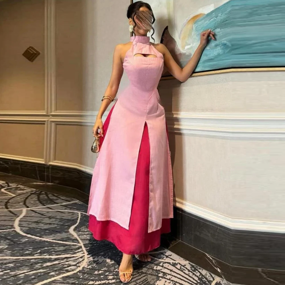 

Вечерние платья трапециевидной формы по индивидуальному заказу. Простые платья для выпускного вечера без рукавов с лямкой на шее. Контрастные цвета длиной до пола. Платья знаменитостей.