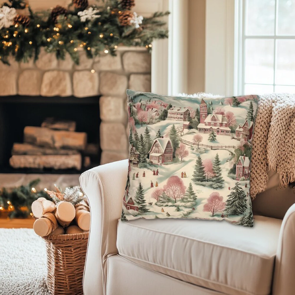 

Pink Mint Green Christmas Pillow Vintage Style Christmas Village Pink Pillow Christmas Day Pillow Pink Decorative Gift