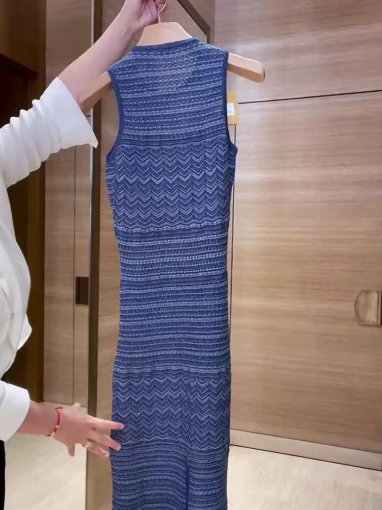 

Summer New Fashion Blue Stripe Knit Dress Women Elegant Hollow Out O-Neck Sleeveless Slim Knitted Robe Female 2025
