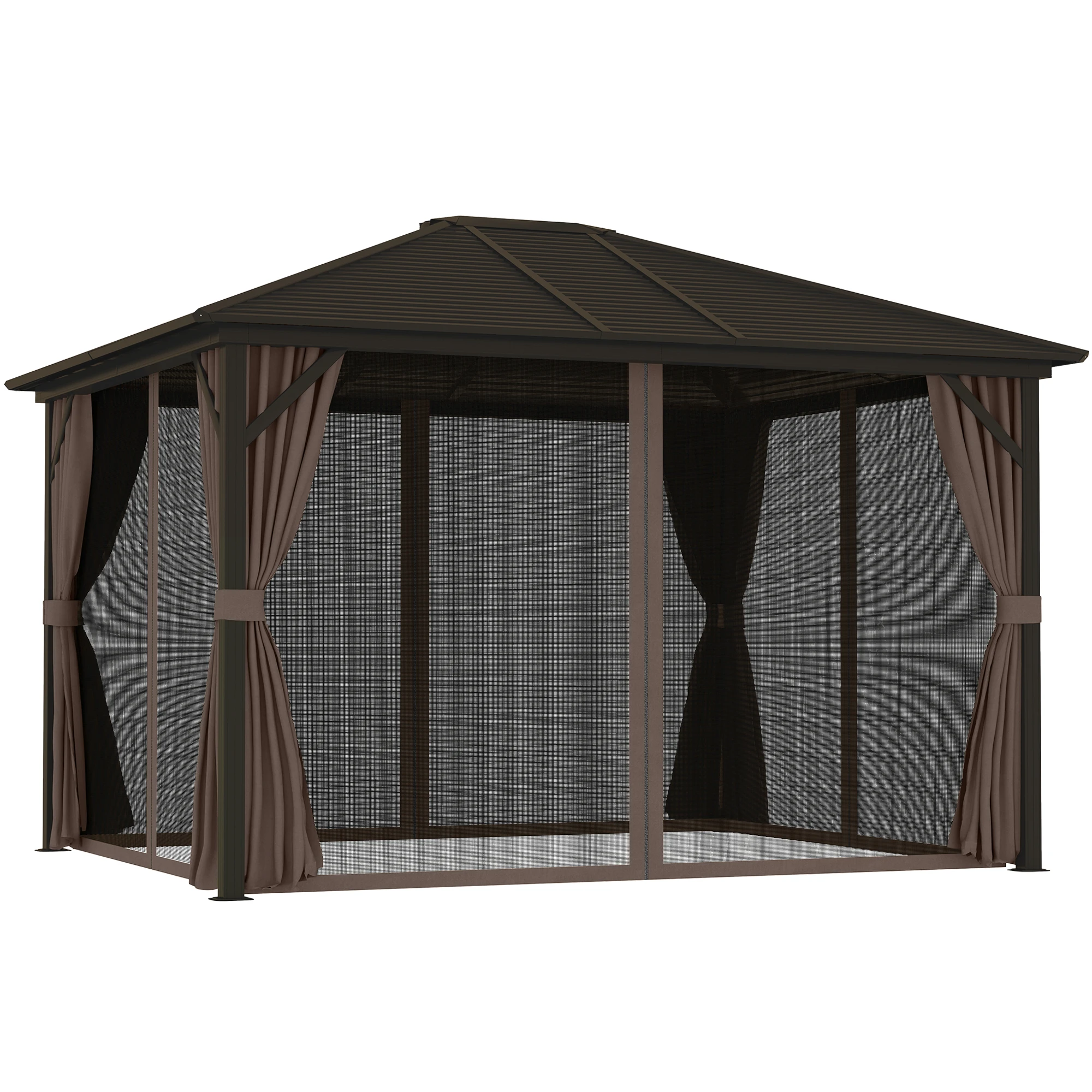 10' X 12' Hardtop Gazebo with Aluminum Frame, Permanent Metal Roof Gazebo Canopy with 2 Hooks, Curtains and Netting for Garden, Coffee