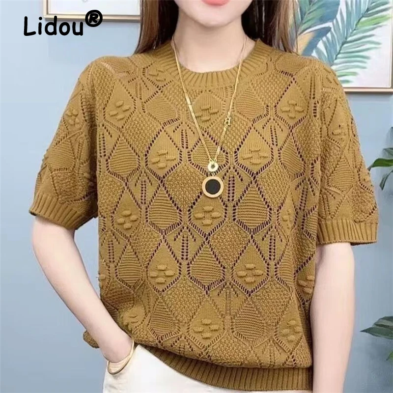 Women\'s Clothing 2023 Summer Korean Fashion Vintage Hollow Knitted Sweater Simple Casual Short Sleeve Solid Loose Pullovers Tops