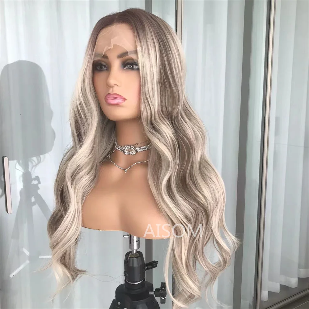 Długa falista koronkowa peruka na przód Włosy syntetyczne dla kobiet Highlight Blonde 13x4” Koronkowe peruki z przodu Body Wave Wstępnie oskubane