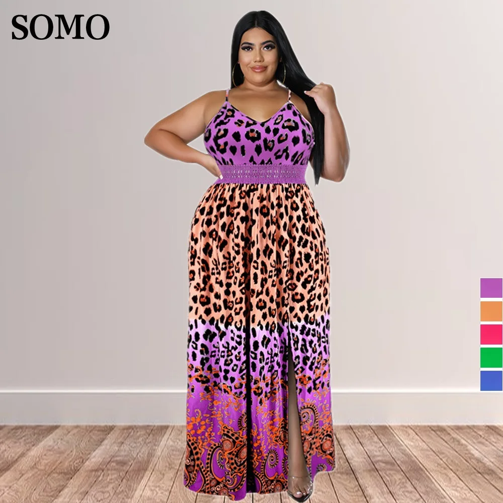 5XL Plus Size Women Street Summer Sexy Dresses Fashion Print Halter Maxi Long Dress Hem Split Wholesale Dropshipping