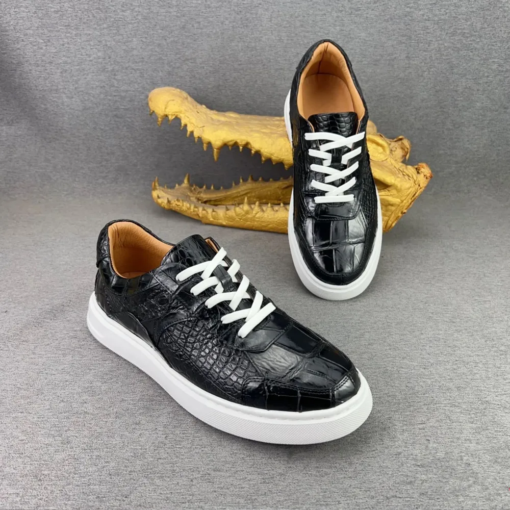 

Классические черные повседневные кроссовки из натуральной крокодиловой кожи, мужские модные туфли на шнуровке из натуральной крокодиловой кожи.