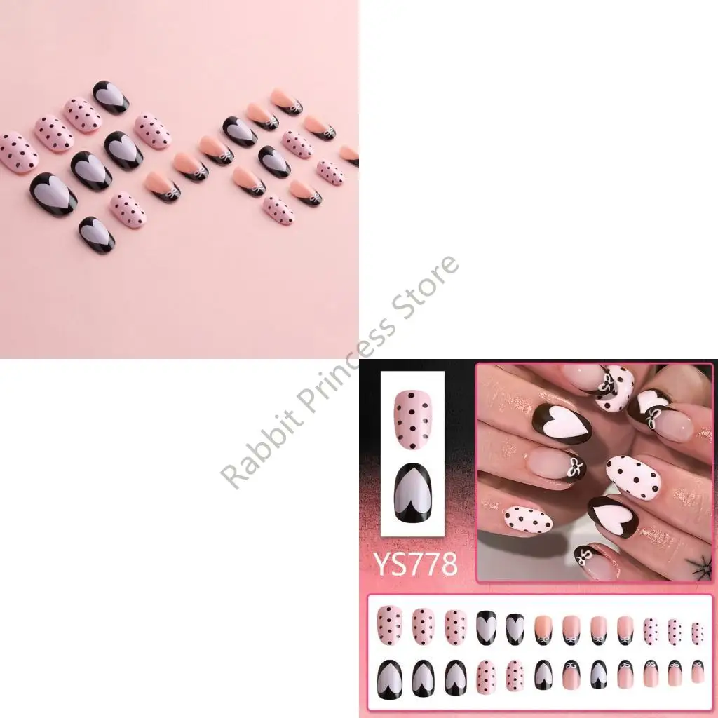 BX0F 24 ชิ้นกดบนเล็บรอบเล็บ Faux Comfort Fit Design Bows และ Dot Accents สำหรับงานปาร์ตี้และงานแต่งงานเล็บชุด