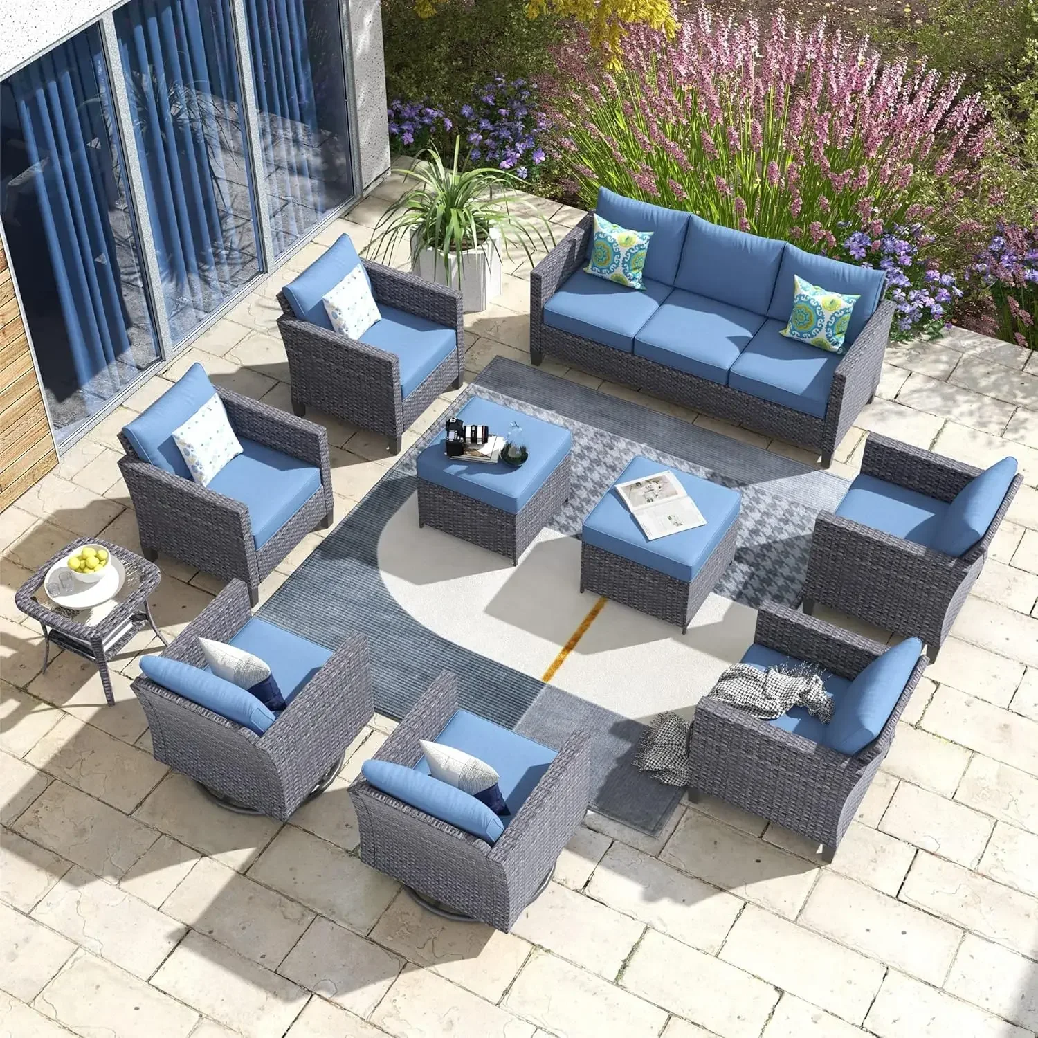 

9/10pcs Outside Patio Conversation Set Wicker Rattan Patio Seating Set Weather Resistant Patio Chairs Set,Denim Blue