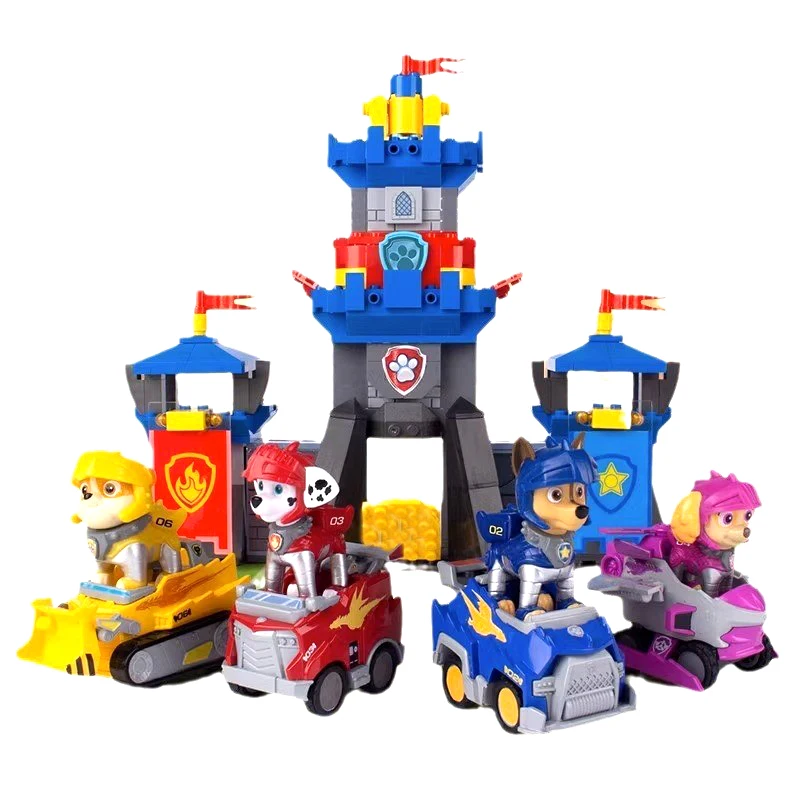 PAW Patrol Rescue Knights Castle Building Blocks Toy Set with 4 Pups Pullback Cars Kids Educational Assemble Toy Birthday Gift