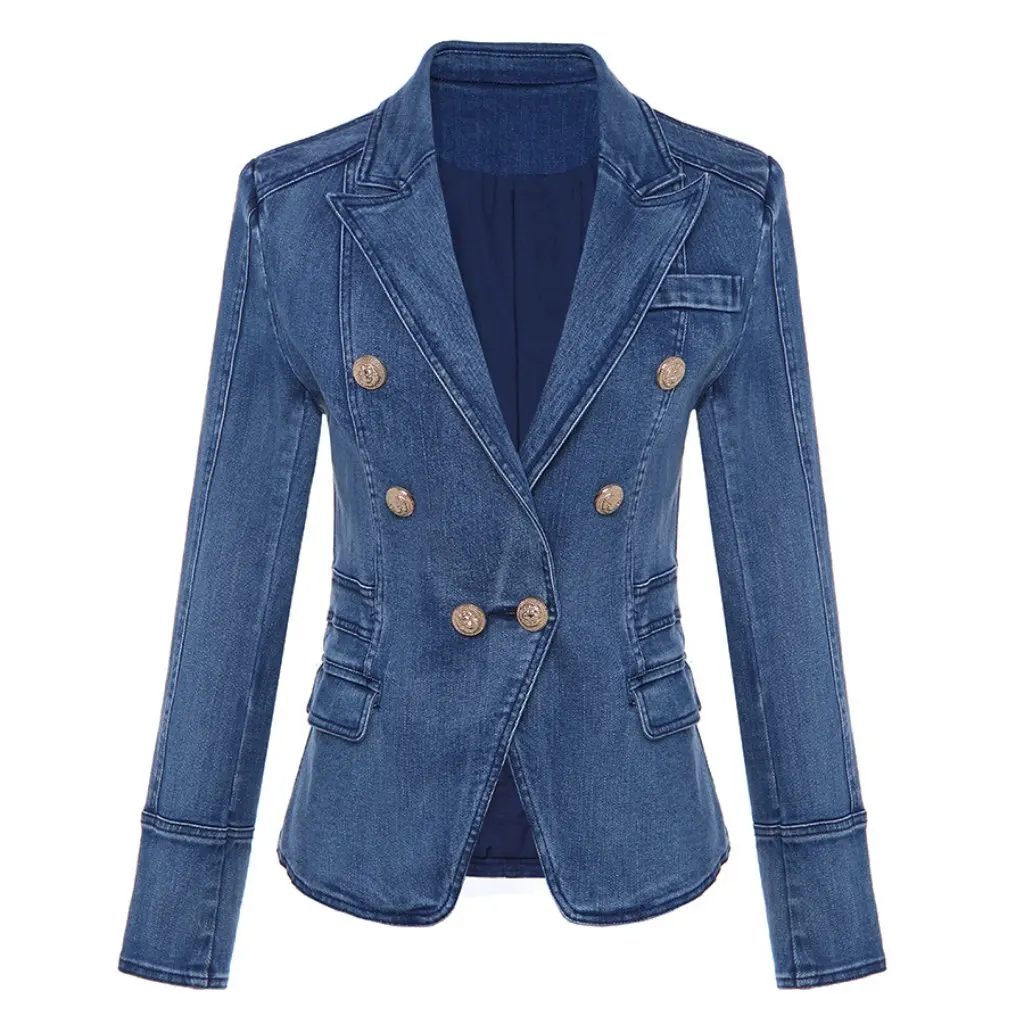 

Slim Fit Double-breasted Denim Jacket Autumn Winter European American Style with Lion Buckle Small Suit for Women