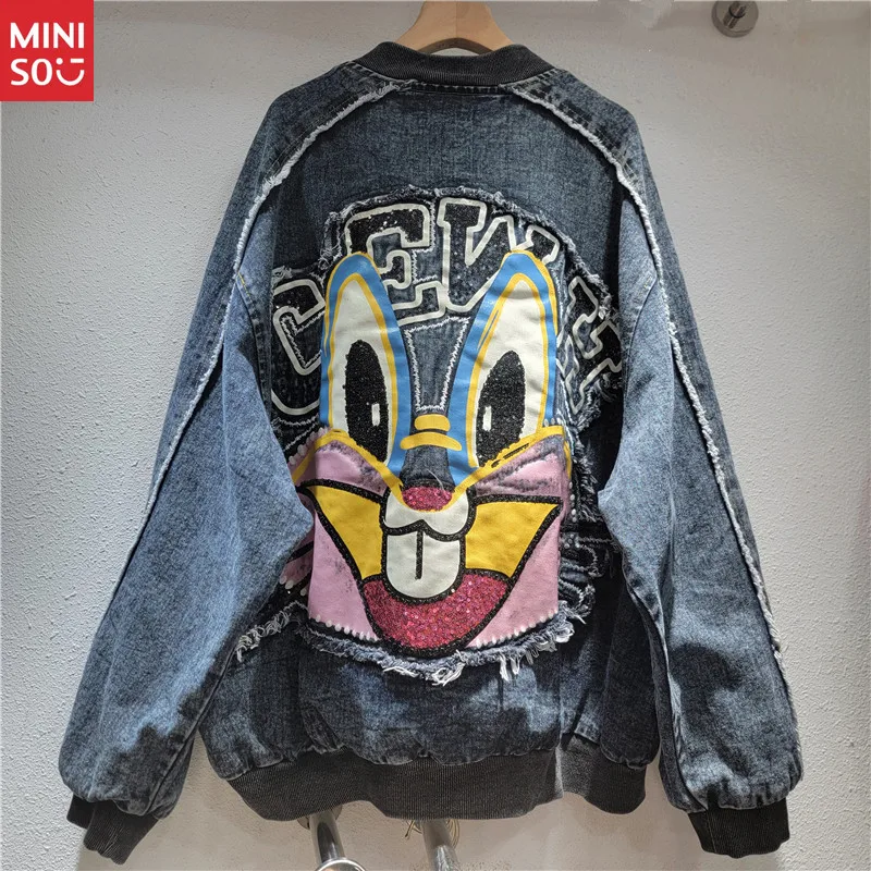 2025 Autumn Cartoon Patch Denim Jacket, Embroidered Loose Fit Women's Coat