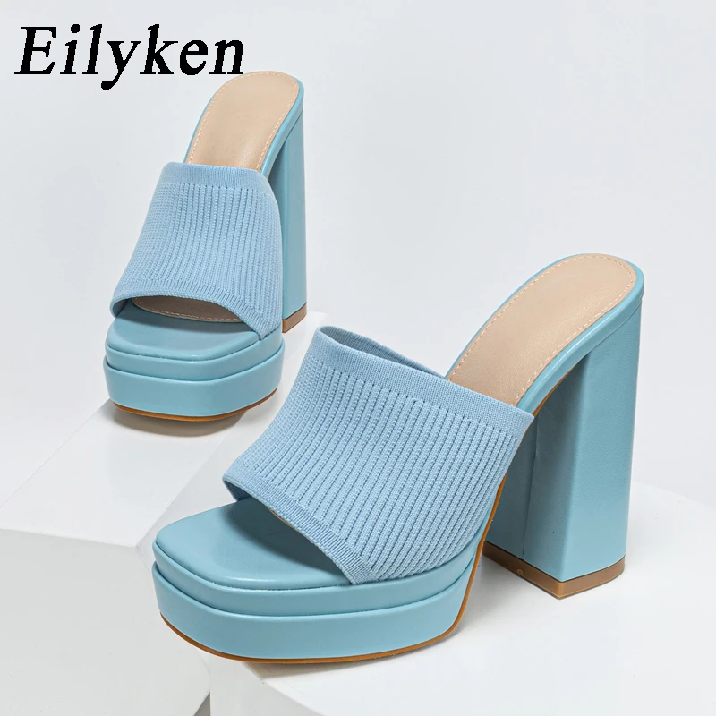 Eilyken Cosy Stretch Fabric Knitted Chunky High Heels Women Slipper Fashion Platform Open Toe Wedding Party Ladies Shoes