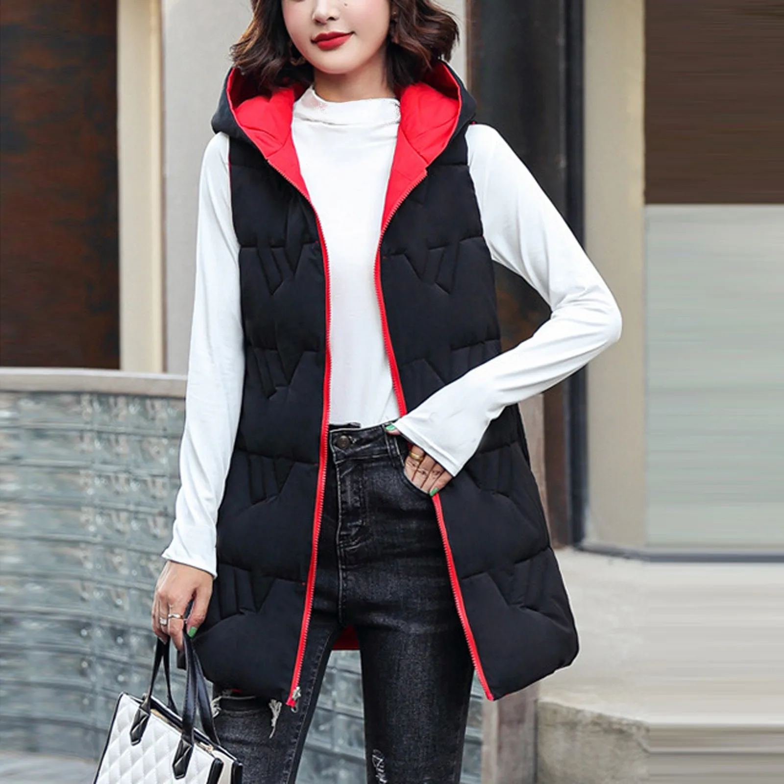 Women Vest Jacket Long Winter Down Vest With Hood Sleeveless Warm Down Jacket With Pockets Outdoor Waistcoat Outdoor Streetwear