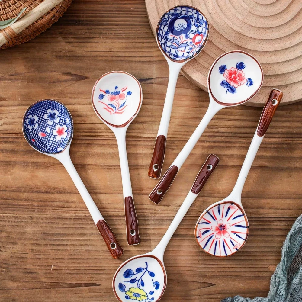 

Gift Set Household Ceramic Spoon Hand-painted High-value Long-handled Spoon Creative Dessert Spoon Eco-friendly Underglaze Paint