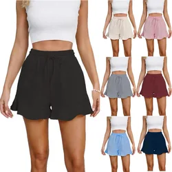 Women's Shorts Summer New Solid Color Cotton Linen Fashion Ruffle Drawstring Casual Shorts Female