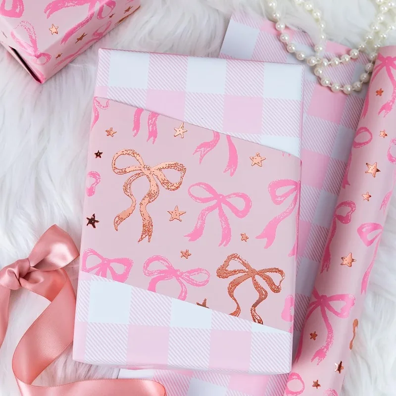 

6pcs Gold Foil Bow Wrapping Paper | Elegant Girls Gift Wrap for Birthday Baby Shower Wedding Valentine