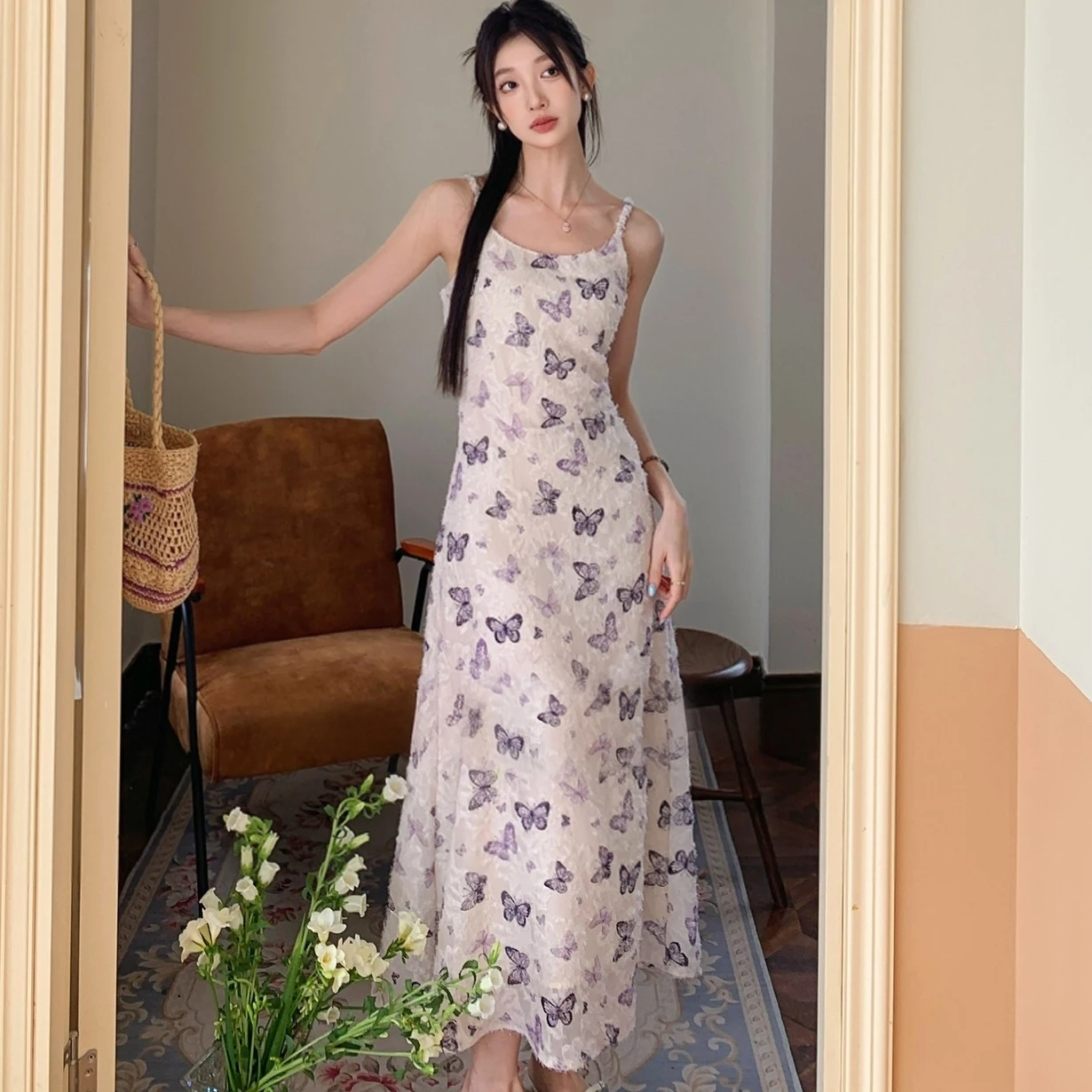 

Bufferfly Print Elegant Holiday Party Long Dress Women Summer Sleeveless Spaghetti Strap Dress French Vintage Women's Clothes