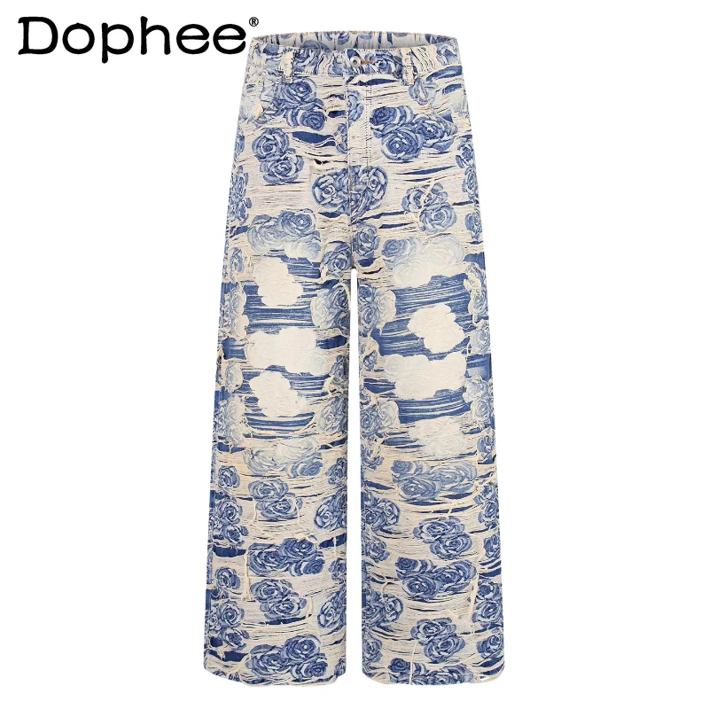 

2026 Men's Spring Trendy High Street Personalized Jacquard Hole Design Cotton Jeans Loose Comfort Versatile Wide-leg Denim Pants