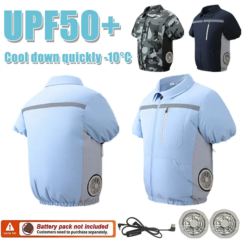 Summer Cooling Short Sleeve Air Conditioning Clothes With 2-Hole Fan Men's Anti-heat T-Shirt Men's Fishing Site Work Jacket