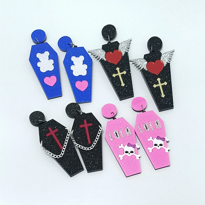 KUGUYS Halloween Gothic Lovely 4 Style Coffin Drop Earrings for Women Glitter Acrylic Jewelry Fashion Icon Accessories