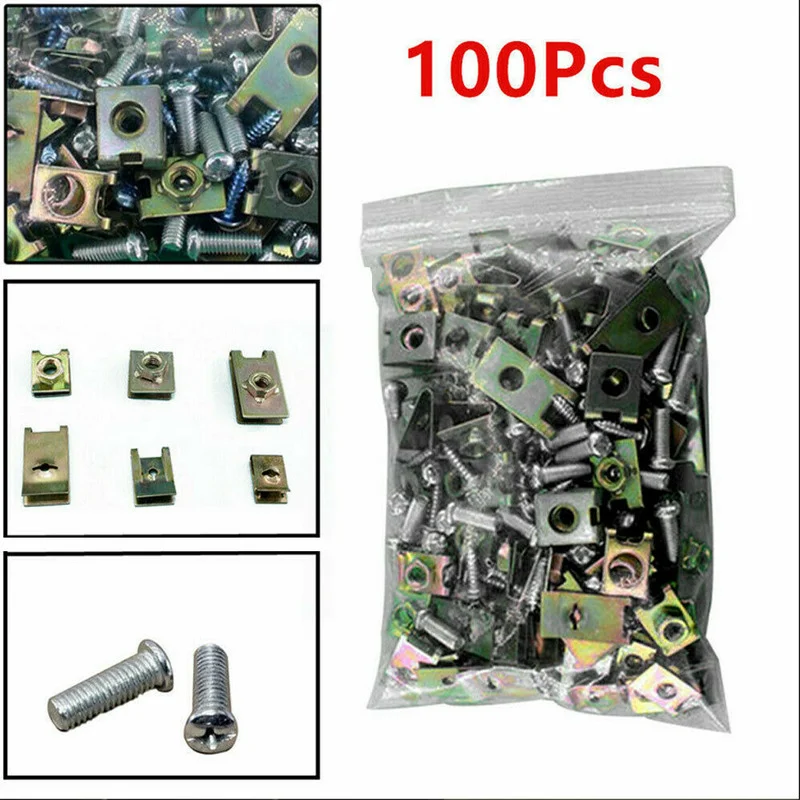 

100Pcs Metal Car Fasteners Car Body Door Panel Trim Fixed Screw U Type Gasket Clip Car Auto Universal Exterior Accessories