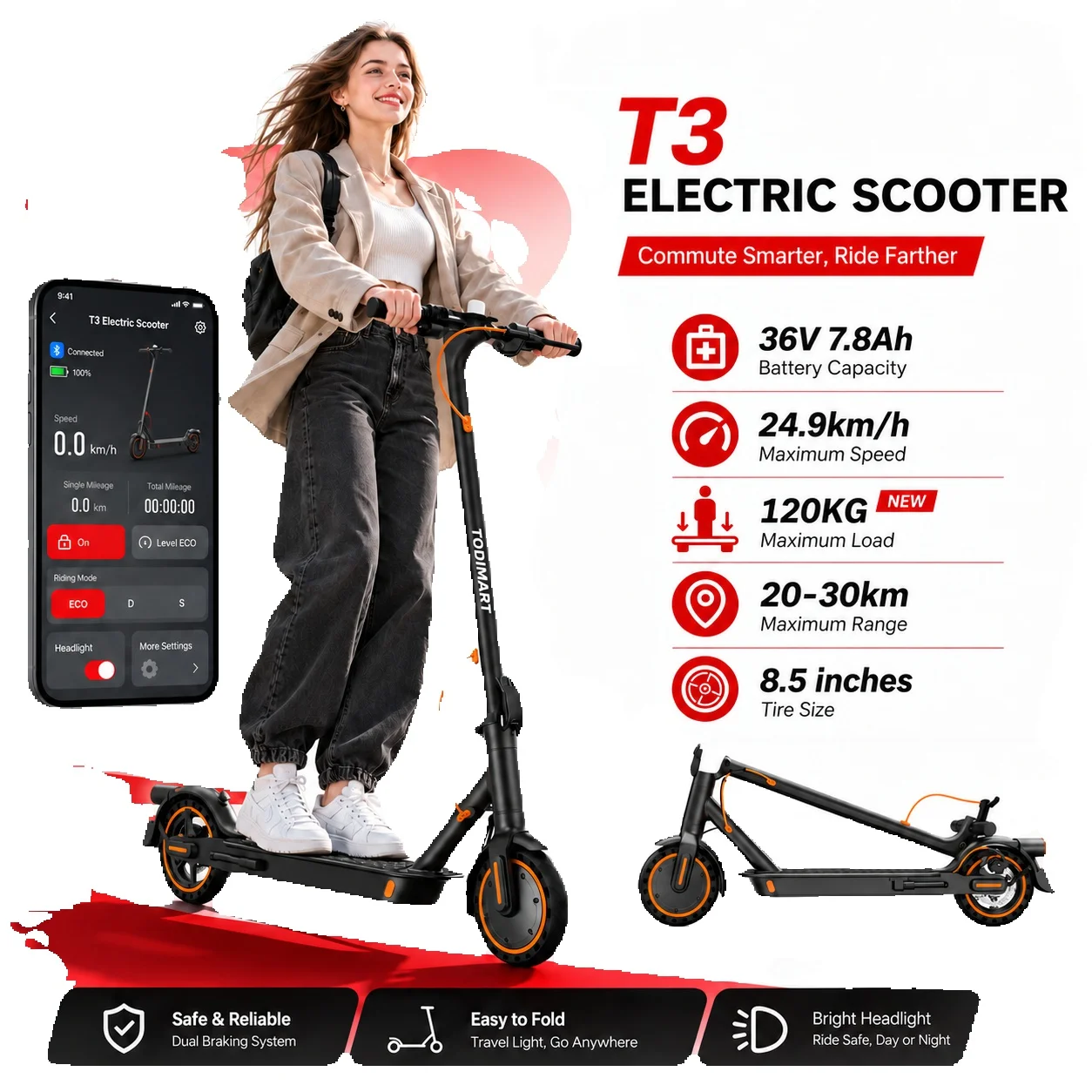 Patinete eléctrico Todimart T3 para adultos, con neumáticos macizos antipinchazos de 8,5 pulgadas, batería de 36 V y 7,8 Ah, autonomía de