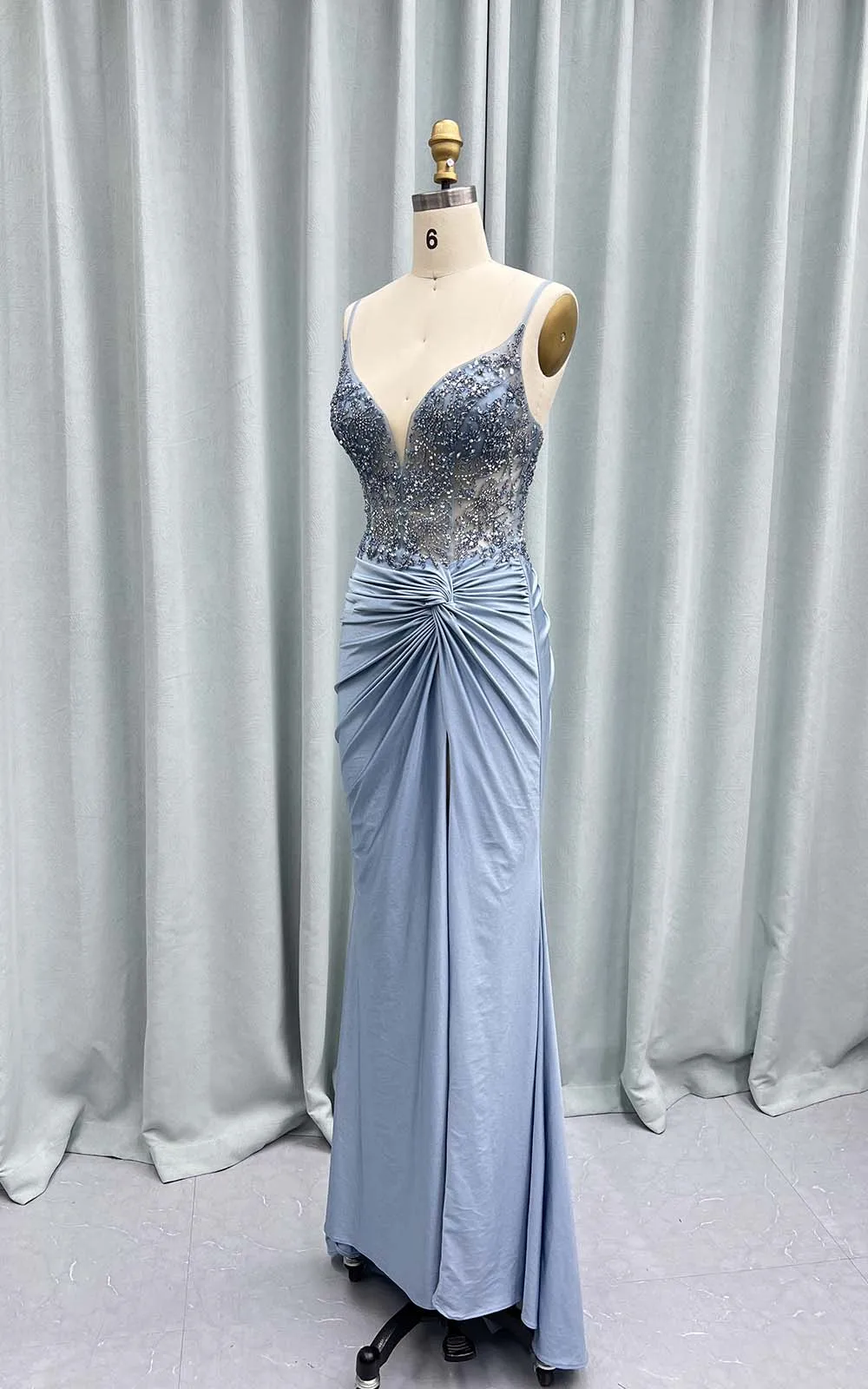 YQLNNE Dusty Blue Crystals Beaded High Slit Prom Dresses Long Mermaid Knitting Formal Dress