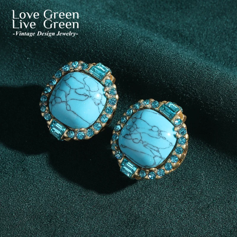 

Vintage Bohemian Square Blue Natural Stone Stud Earrings For Women Rhinestones Jewelry Luxury Designer Trending 2025 Wholsale