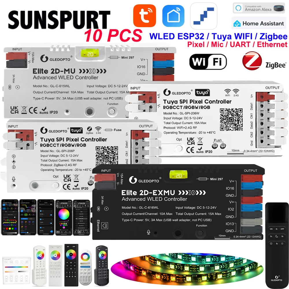 

10Tuya WIFI Zigbee ESP32 WLED светодиодный контроллер Elite 2D EXMU Advanced с предохранителем MIC 20A DIY Динамический свет для WS2812b SK6812 Strip