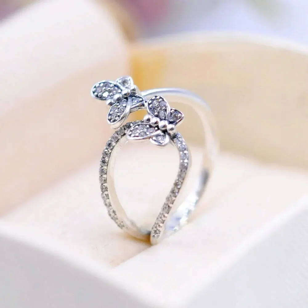 925 Sterling Silver Bedazzling Butterflies Ring With Clear CZ Fashion Jewelry Ring For Women